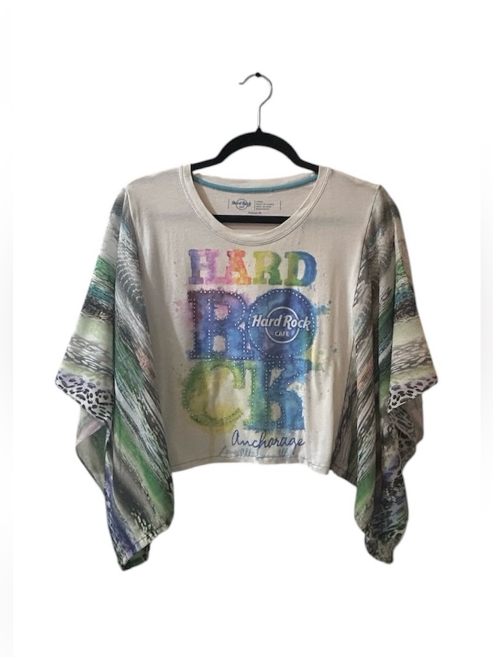 Upcycled Hard Rock Cafe Watercolor Logo Cropped Top with kimono sleeves